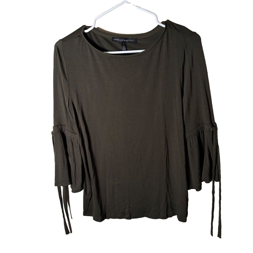 White House Black Market Blouse Women's Small Green 3/4 Sleeve Tie Round Neck